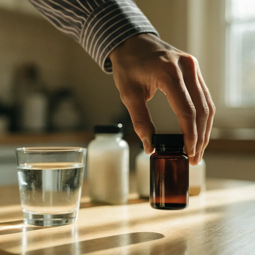 Manos ordenando frascos de suplementos y un vaso de agua en una cocina luminosa