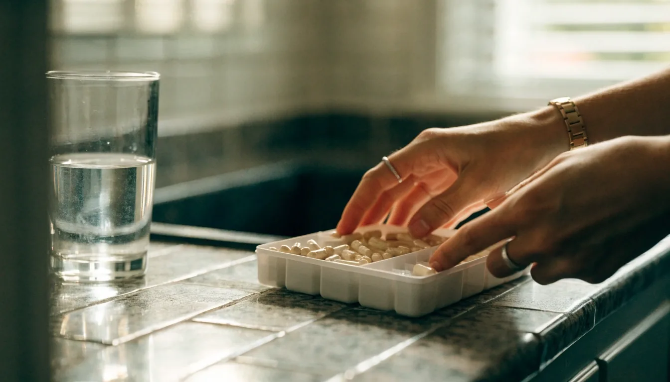 Hombre sirviendo agua junto a un frasco de cápsulas sin etiqueta en una mesa de madera