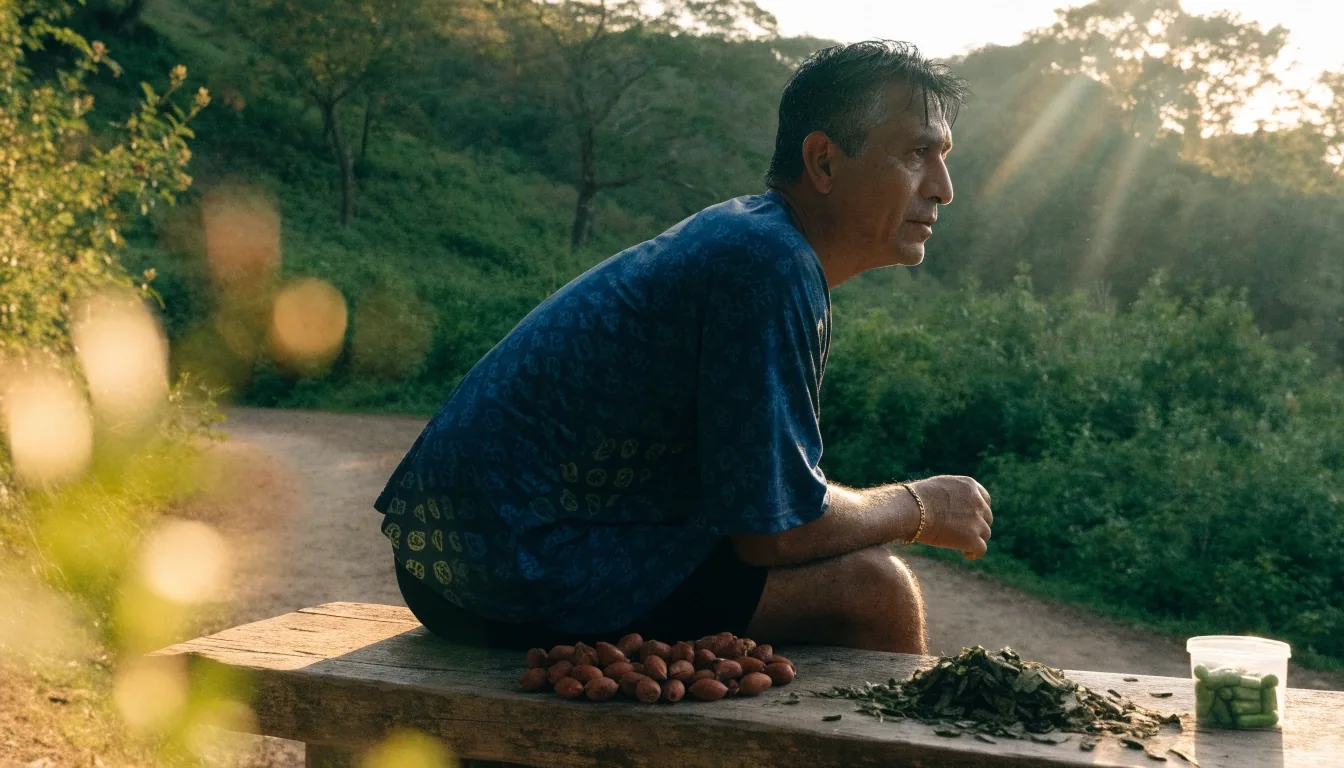 Hombre al aire libre en una ruta de entrenamiento, con semillas de guaraná y hojas de mate sobre una banca