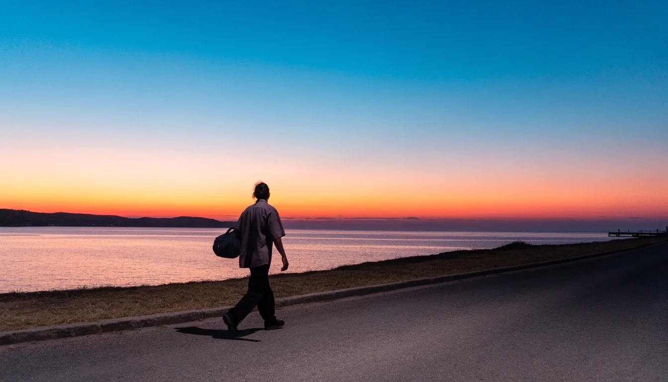 Hombre caminando al atardecer sobre una carretera costera silenciosa en Yucatán con una bolsa de gimnasio al hombro