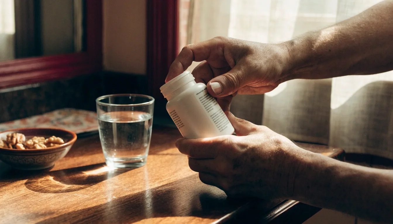 Manos girando un frasco de vitamina para revisar la información del envase sobre una mesa de cocina