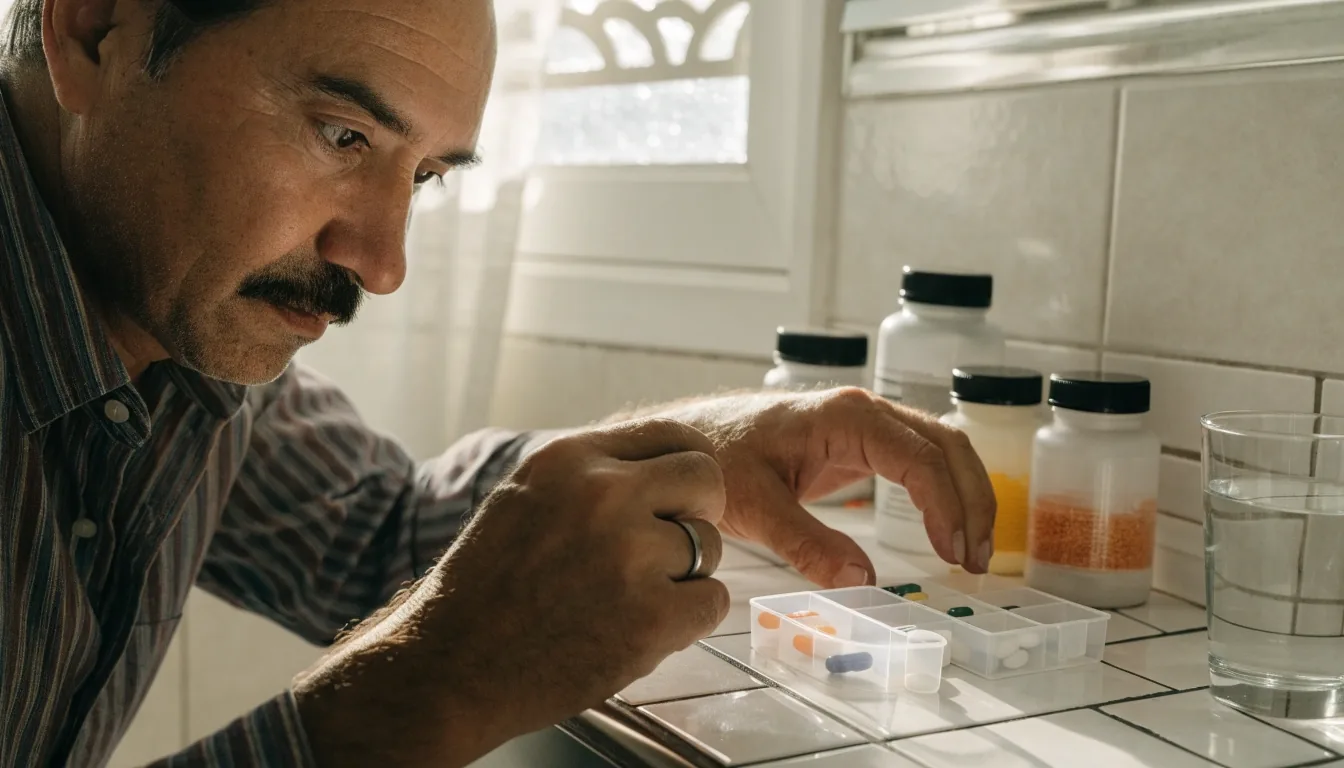 Cápsulas y tabletas de vitaminas para hombres sobre una mesa junto a un vaso de agua