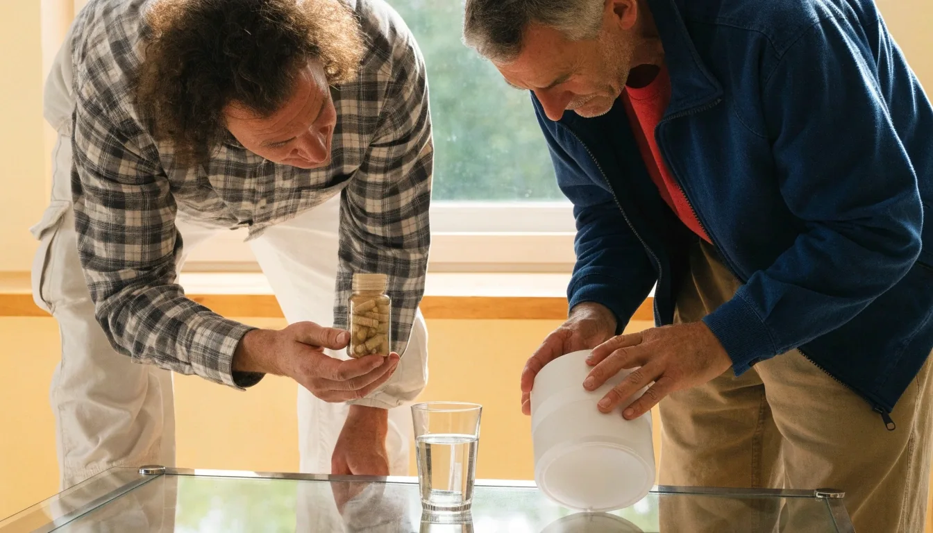 Dos hombres revisando envases de suplementos en una cocina con luz natural